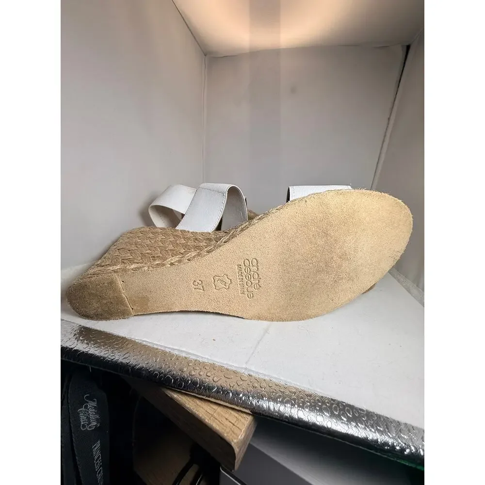 André Assous White Elastic Espadrille Wedge Sandals Made in Spain Size 37